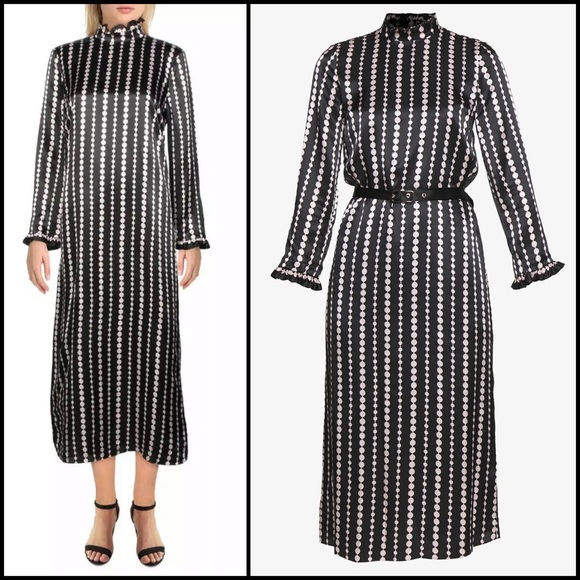 Kate Spade 100% Silk Pearl Strands Print High Ruffle Neck Snap Midi Dress - Picture 4 of 12